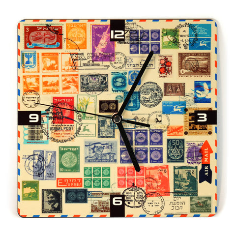 Wooden Wall Clock - Israeli Old Stamps - Ofek Wertman tel aviv souvenirs Gift shop