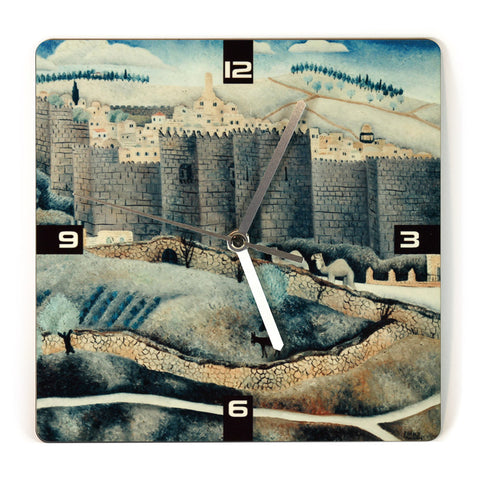 Wooden Wall Clock - The Walls of Jerusalem - by Reuven Rubin - Ofek Wertman tel aviv souvenirs Gift shop