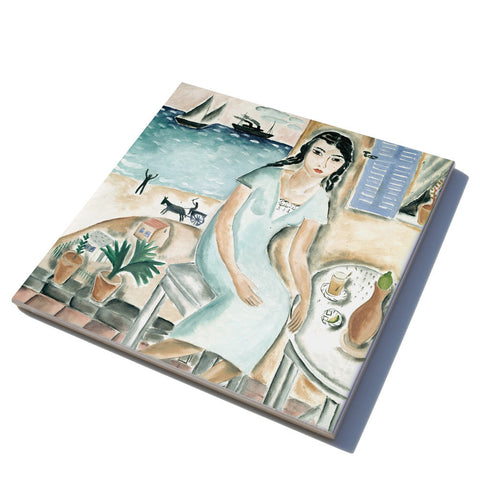 Ceramic Trivet - Girl on a Blacony - by Reuven Rubin - Ofek Wertman tel aviv souvenirs Gift shop