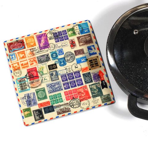 Wooden Trivet - Israeli Old Stamps - Ofek Wertman tel aviv souvenirs Gift shop