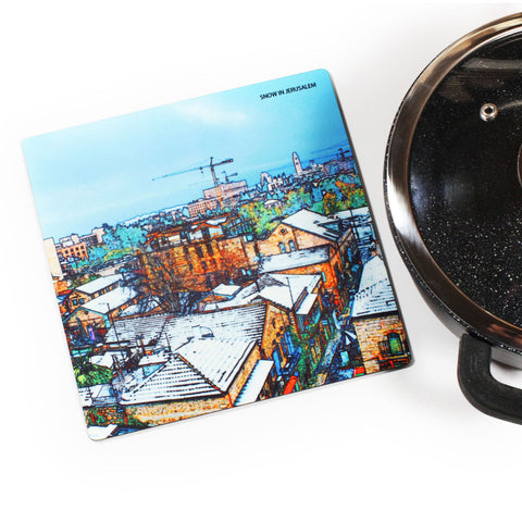 Wooden Trivet - Snow in Jerusalem - Ofek Wertman tel aviv souvenirs Gift shop