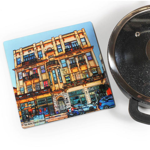 Wooden Trivet - Herzl Street Tel Aviv 1 - Ofek Wertman tel aviv souvenirs Gift shop