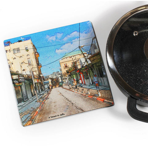 Wooden Trivet - A Street in Jaffa - Ofek Wertman tel aviv souvenirs Gift shop
